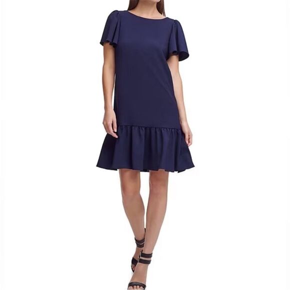 DKNY Navy Boat Neck Flutter Sleeve Dress. Size 8. - Picture 3 of 12